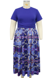 Khaki Casual Print Ruched O Neck Long Plus Size Dresses