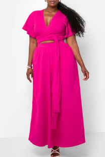 Rose Red Casual Solid Color Pocket Strap Design V Neck Plus Size Two Pieces