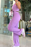 Purple Casual Solid Color Buckle Halter Sleeveless Two Pieces