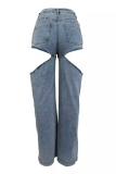 Light Blue Casual Solid Color Buckle Mid Waist Loose Denim Jeans