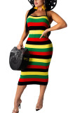Green Fashion Sexy adult Ma'am Off The Shoulder Sleeveless Halter Neck Step Skirt Mid-Calf Striped Dresses