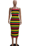 Green Fashion Sexy adult Ma'am Off The Shoulder Sleeveless Halter Neck Step Skirt Mid-Calf Striped Dresses