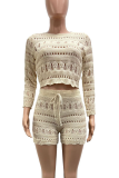 Apricot Casual Solid Color Draw String O Neck Long Sleeve Two Pieces