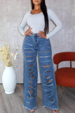 Blue Sexy Solid Color Ripped Mid Waist Loose Denim Jeans