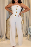 White Casual Solid Color Buckle Strapless Regular Jumpsuits