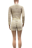 Apricot Casual Solid Color Draw String O Neck Long Sleeve Two Pieces