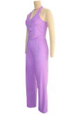 Purple Casual Solid Color Buckle Halter Sleeveless Two Pieces
