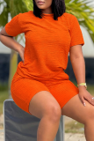 Tangerine Casual Solid Color Patchwork O Neck Short Sleeve Two Pieces