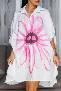 Pink Casual Print Buckle Turndown Collar Shirt Dresses
