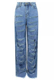Blue Sexy Solid Color Ripped Mid Waist Loose Denim Jeans