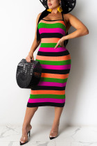 Green Fashion Sexy adult Ma'am Off The Shoulder Sleeveless Halter Neck Step Skirt Mid-Calf Striped Dresses