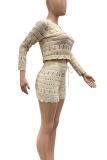 Apricot Casual Solid Color Draw String O Neck Long Sleeve Two Pieces