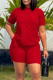 Red Casual Solid Color Patchwork O Neck Short Sleeve Two Pieces