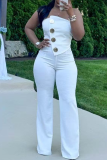 White Casual Solid Color Buckle Strapless Regular Jumpsuits