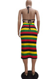 Green Fashion Sexy adult Ma'am Off The Shoulder Sleeveless Halter Neck Step Skirt Mid-Calf Striped Dresses