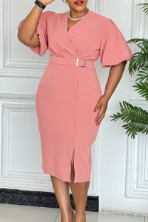 Pink Elegant Solid Color Slit With Belt V Neck Wrapped Skirt Dresses