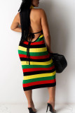 Green Fashion Sexy adult Ma'am Off The Shoulder Sleeveless Halter Neck Step Skirt Mid-Calf Striped Dresses