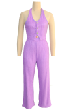 Purple Casual Solid Color Buckle Halter Sleeveless Two Pieces