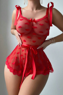 Red Sexy Solid Color See-Through Strap Design Bow Decor Lingerie