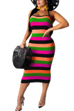 Green Fashion Sexy adult Ma'am Off The Shoulder Sleeveless Halter Neck Step Skirt Mid-Calf Striped Dresses