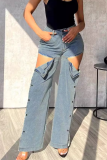 Light Blue Casual Solid Color Buckle Mid Waist Loose Denim Jeans