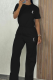 Black Casual Letters Draw String O Neck Short Sleeve Two Pieces