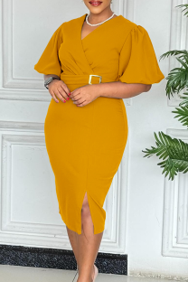 Yellow Elegant Solid Color Slit With Belt V Neck Wrapped Skirt Dresses