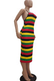 Green Fashion Sexy adult Ma'am Off The Shoulder Sleeveless Halter Neck Step Skirt Mid-Calf Striped Dresses