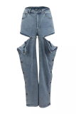 Light Blue Casual Solid Color Buckle Mid Waist Loose Denim Jeans