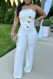 White Casual Solid Color Buckle Strapless Regular Jumpsuits