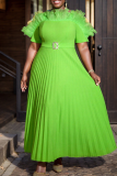 Grass Green Elegant Solid Color With Belt Mesh Pleated Spaghetti Strap Long Dresses