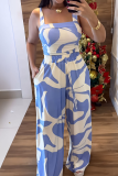 Blue Casual Print Pocket Lace Up Spaghetti Strap Sleeveless Two Pieces