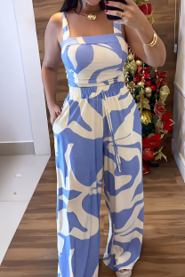 Blue Casual Print Pocket Lace Up Spaghetti Strap Sleeveless Two Pieces
