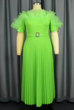 Grass Green Elegant Solid Color With Belt Mesh Pleated Spaghetti Strap Long Dresses