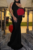 Black Elegant Solid Color Hollow Out O Neck Long Dresses