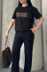Black Casual Letters Pocket O Neck Short Sleeve Two Pieces