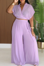 Purple Casual Solid Color Patchwork V Neck Short Sleeve Two Pieces