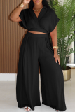 Blue Casual Solid Color Patchwork V Neck Short Sleeve Two Pieces