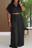 Blue Casual Solid Color Patchwork V Neck Short Sleeve Two Pieces