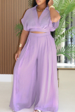 Blue Casual Solid Color Patchwork V Neck Short Sleeve Two Pieces