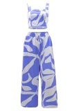Blue Casual Print Pocket Lace Up Spaghetti Strap Sleeveless Two Pieces