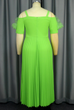 Grass Green Elegant Solid Color With Belt Mesh Pleated Spaghetti Strap Long Dresses