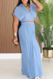 Blue Casual Solid Color Patchwork V Neck Short Sleeve Two Pieces