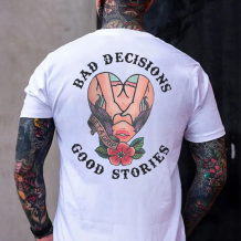 White BAD DECISIONS GOOD STORIES PRINTED MEN'S T-SHIRT
