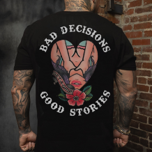 Black BAD DECISIONS GOOD STORIES PRINTED MEN'S T-SHIRT