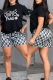 Black Casual Letters Patchwork O Neck Short Sleeve Two Pieces