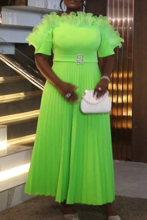 Grass Green Elegant Solid Color With Belt Mesh Pleated Spaghetti Strap Long Dresses