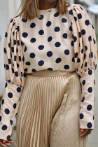 Apricot O Neck Puff sleeve Dot Patchwork Print asymmetrical Tops