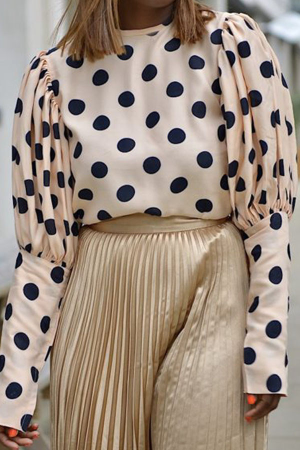 Apricot O Neck Puff sleeve Dot Patchwork Print asymmetrical Tops