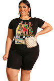 Black Fashion Casual adult Ma'am O Neck Patchwork Print Two Piece Suits Pattern Plus Size